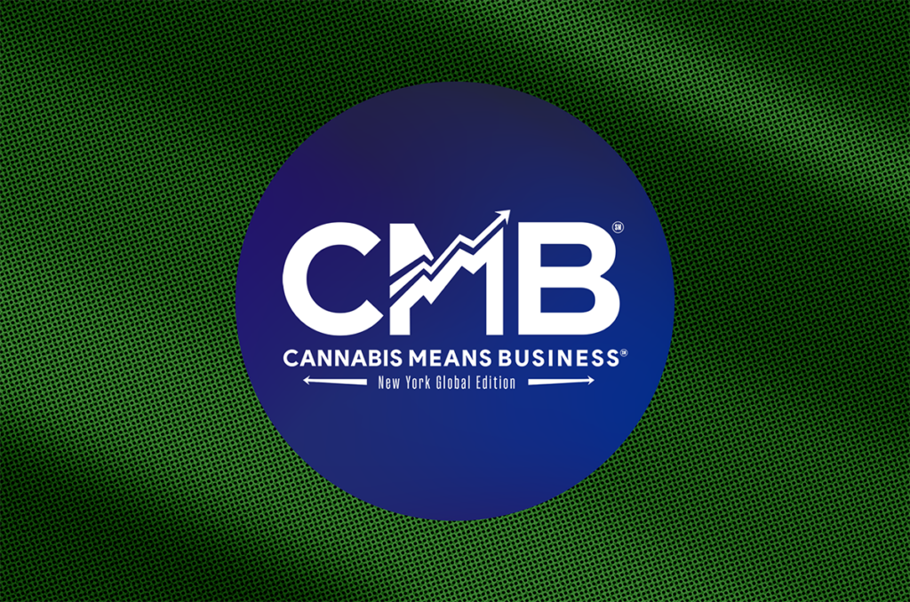 Graphically designed Cannabis Means Business logo in a dark blue circle, against a green duotone backdrop. The logo is all white, and is a giant CMB(service marked) atop 'Cannabis Means Business'. Another line below is between 3 stylized arrows facing either direction, and in the middle it reads: New York Global Edition.