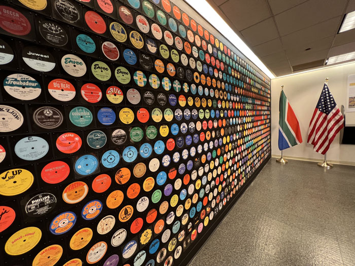 Art installation of South African record labels inside the South African Consulate in New York City, November 2023